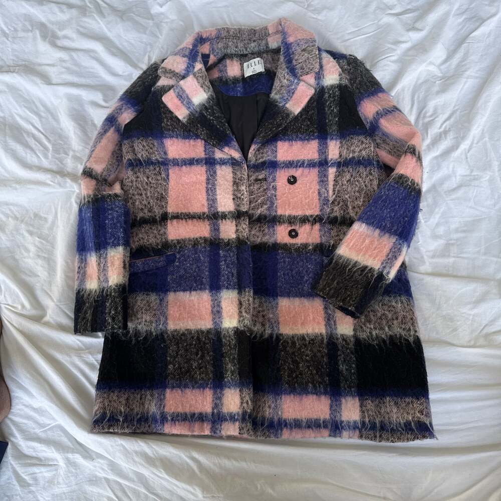 ELLE Aubry Pink Purple Black Plaid Wool Blend Peacoat Jacket Coat